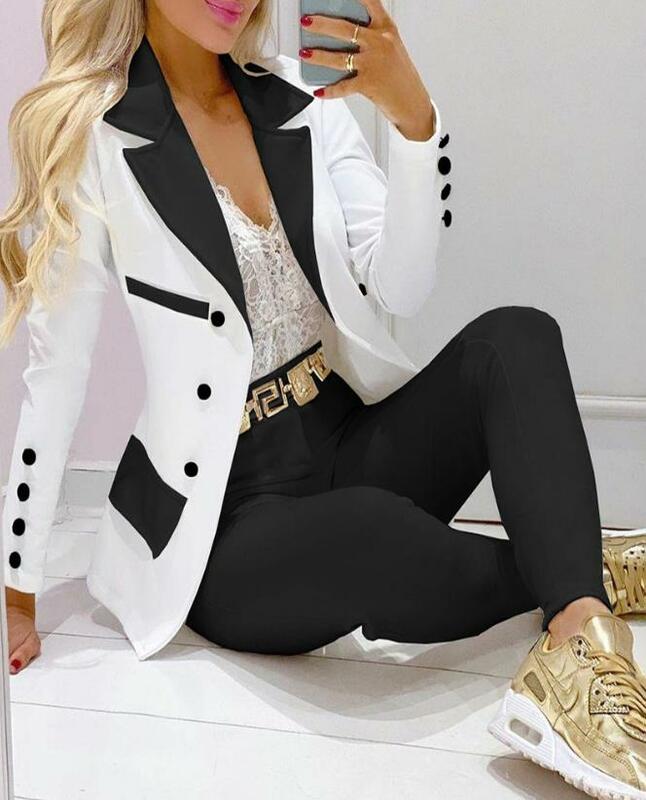 Womens 2 Piece Outfit Set 2023 Autumn Elegant Ladies Office Blazer Sets Double Breasted Blazer Coat & Skinny Plain Pants Set