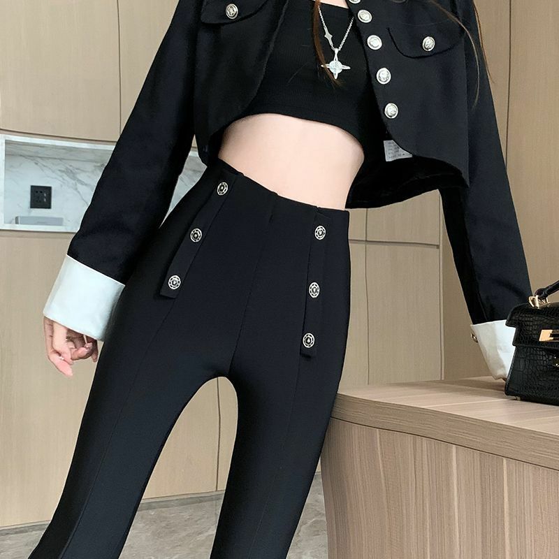 Calça de cintura alta elástica feminina, senhora do escritório, casual, magro, terno reto, preto, fenda, moda coreana, roupas de verão