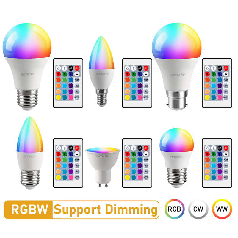 LED RGB電球,e27 e14 gu10 b22 ac120v 230v,6w 10w,リモコン,家庭用装飾ランプ