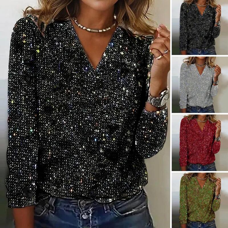 Women Top Sparkling Sequin V Neck Blouse for Women Elegant Long Sleeve Pullover with Soft Fabric Stylish Pure Color for Wear