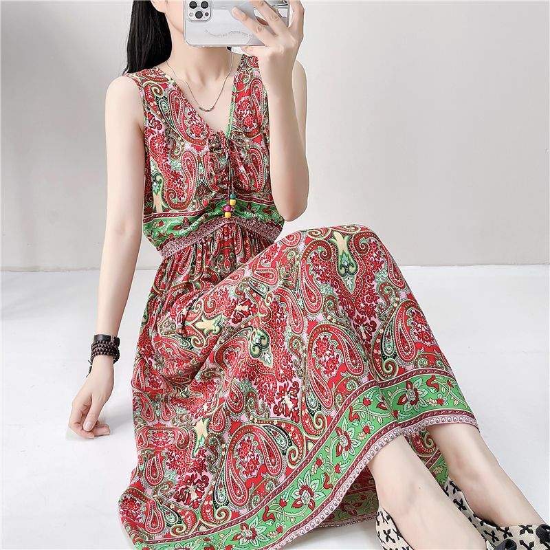 Vintage Printed V-Neck Shirring Lace Up Bow Sleeveless Dress Women's Clothing 2024 Summer New Loose Office Lady Floral Dress
