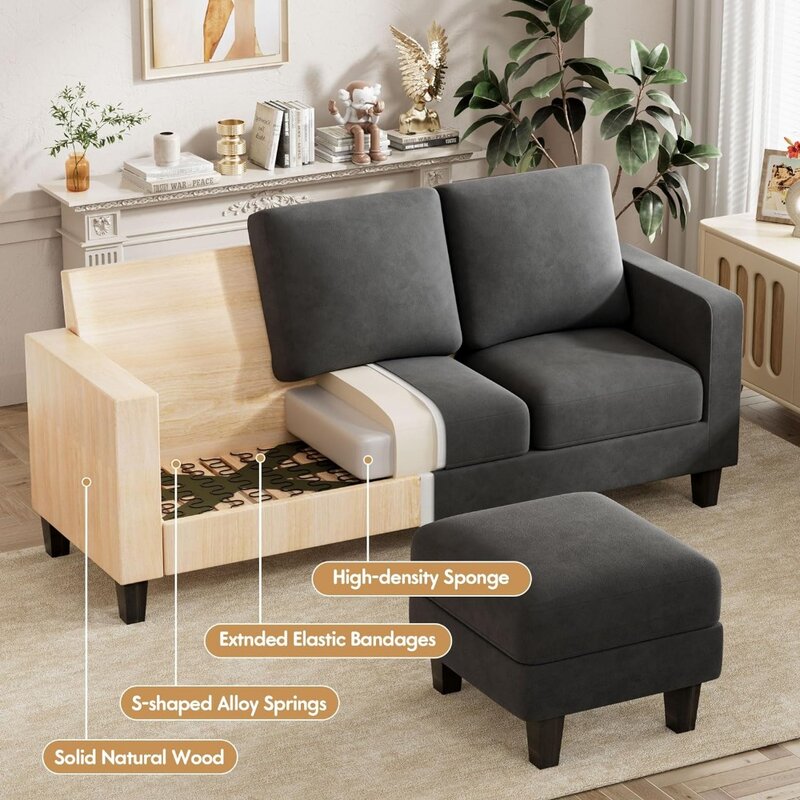Sofá secional conversível com tecido de linho, 3 assentos sofá em forma de L, sofá do escritório