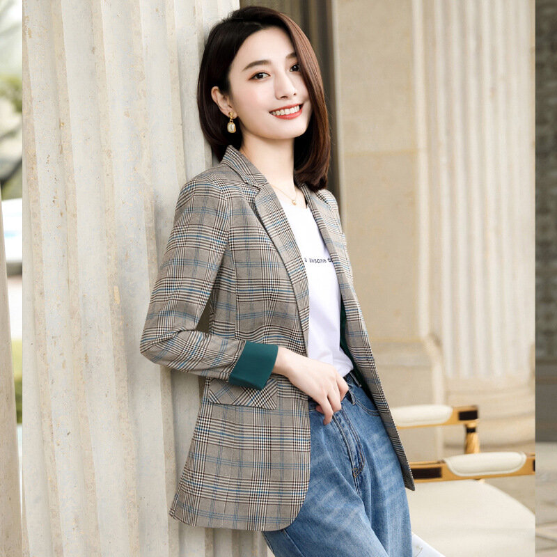 Office Ladies Notched Collar Plaid Women Blazer Double Breasted Autumn Jacket 2024 Casual Pockets Female Suits Coat