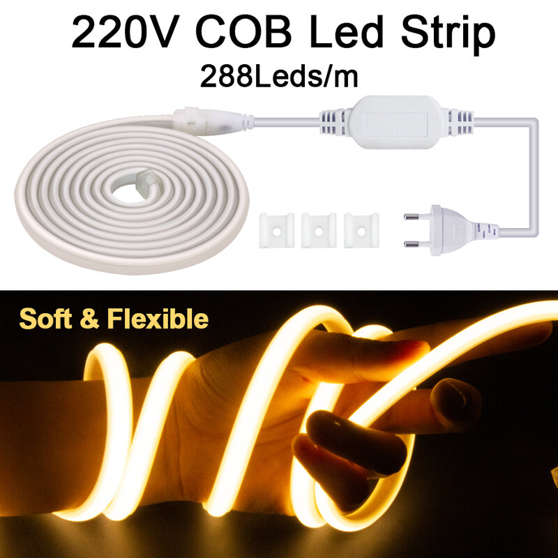 Super Bright COB Strip Light, Fita flexível, Lâmpada LED Strip, Plug UE, Decoração de iluminação doméstica, 288LEDs/m, 3000-6000K, 220V