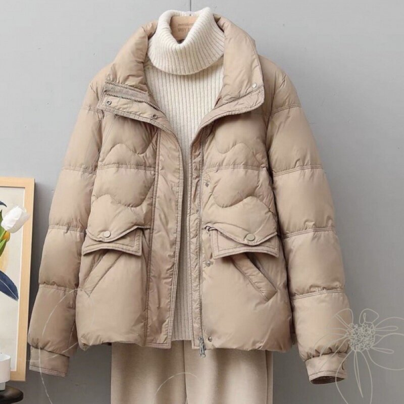 2023 여성용 짧은 경량 다운 재킷, 대형 라펠, 스타일리시 스탠드 칼라, 화이트 덕다운, 따뜻한 코트