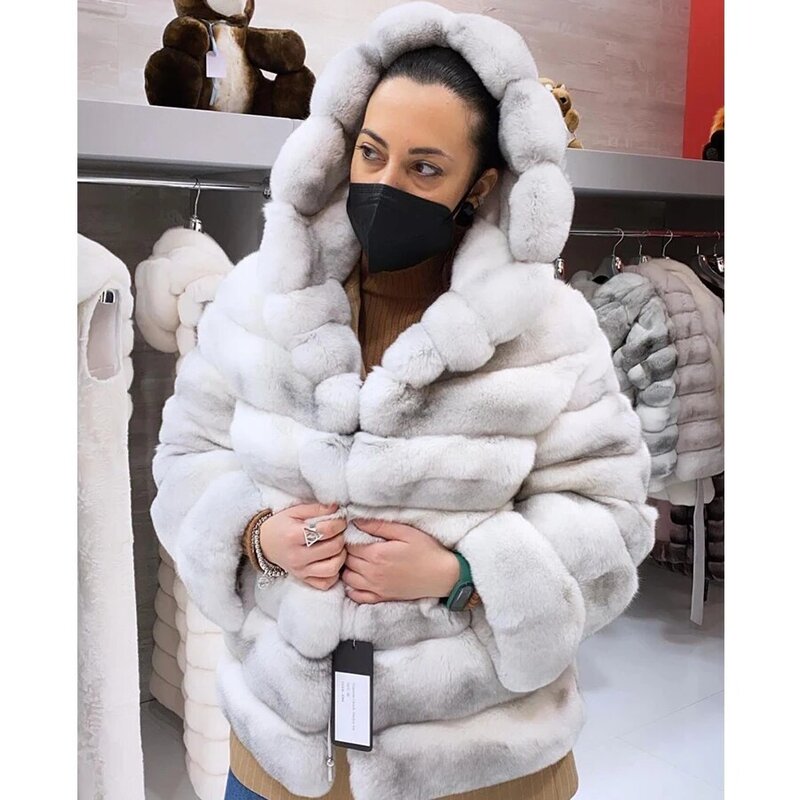 Chinchilla mantel asli jaket bulu musim dingin wanita mantel bulu kelinci Rex asli dengan tudung merek mewah mantel pendek wanita
