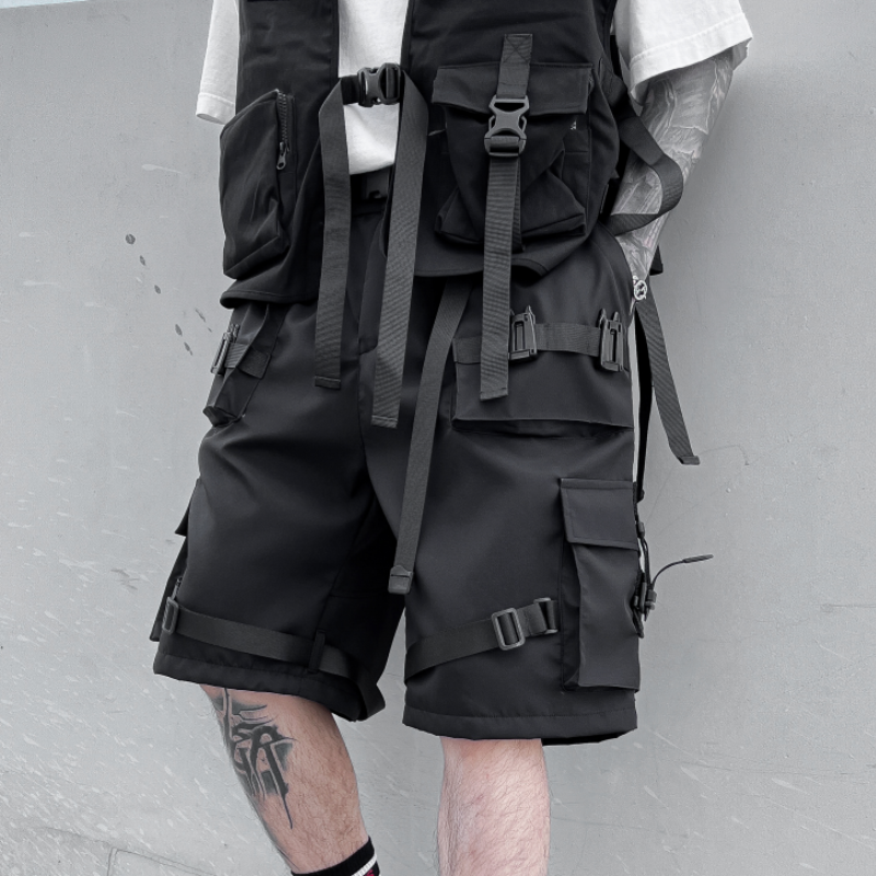 Шорты-карго мужские с множеством карманов, уличные модные шорты в стиле хип-хоп, Короткие штаны до колен, уличная одежда, черные