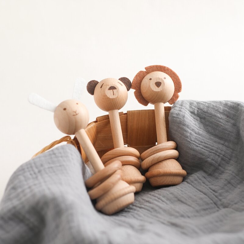 Mordedor de madeira para bebê recém-nascido, brinquedos chocalho animal, acessório recém-nascido, novidade dos desenhos animados, ferramentas de cuidado, 0-12 meses