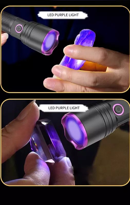 Lanterna UV poderosa para Pet Urina Tocha Detecção de Mancha, Lanterna Anti-falsificação, Espelho Preto, Luz Roxa, Tipo-C, 50W, 365nm