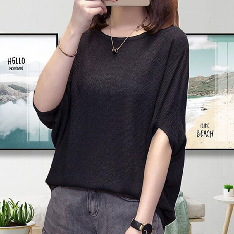 Fashion Solid Color Knitted Batwing Sleeve Blouse Women's Clothing 2024 Summer New Oversized Casual Pullovers Commute Shirt
