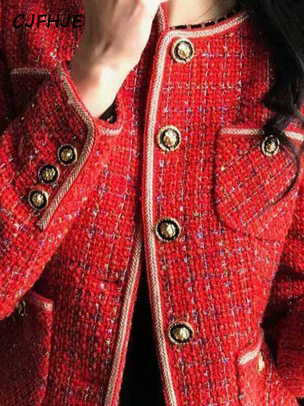 CJFHJE BLAZER wol merah wanita, jaket jas Single-Breasted leher O longgar musim gugur dan musim dingin gaya Korea elegan untuk wanita
