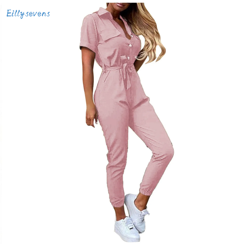 Women'S Cargo Jumpsuits Fashion Summer Casual Lapel Lace-Up Solid Short Sleeve Jumpsuits Simple Daily Commute Fitting Rompers