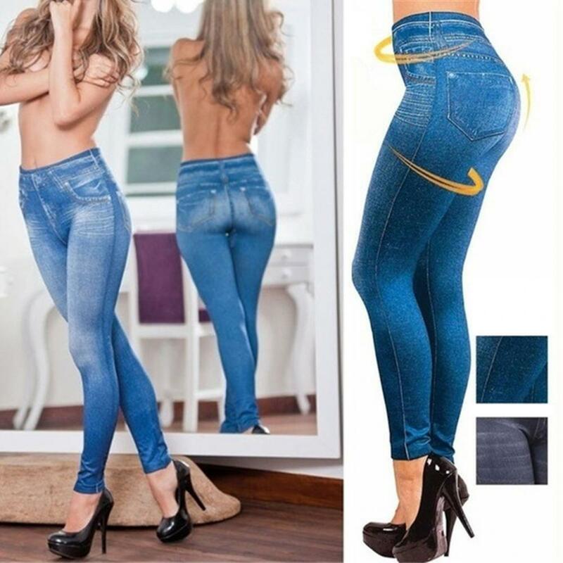 Sztuczny jeans legginsy do podnoszenia bioder bezszwowe z wysokim stanem, podnoszone na tyłek spodnie dla kobiet, dopasowane, elastyczne, jednolity kolor do kostek dla pani
