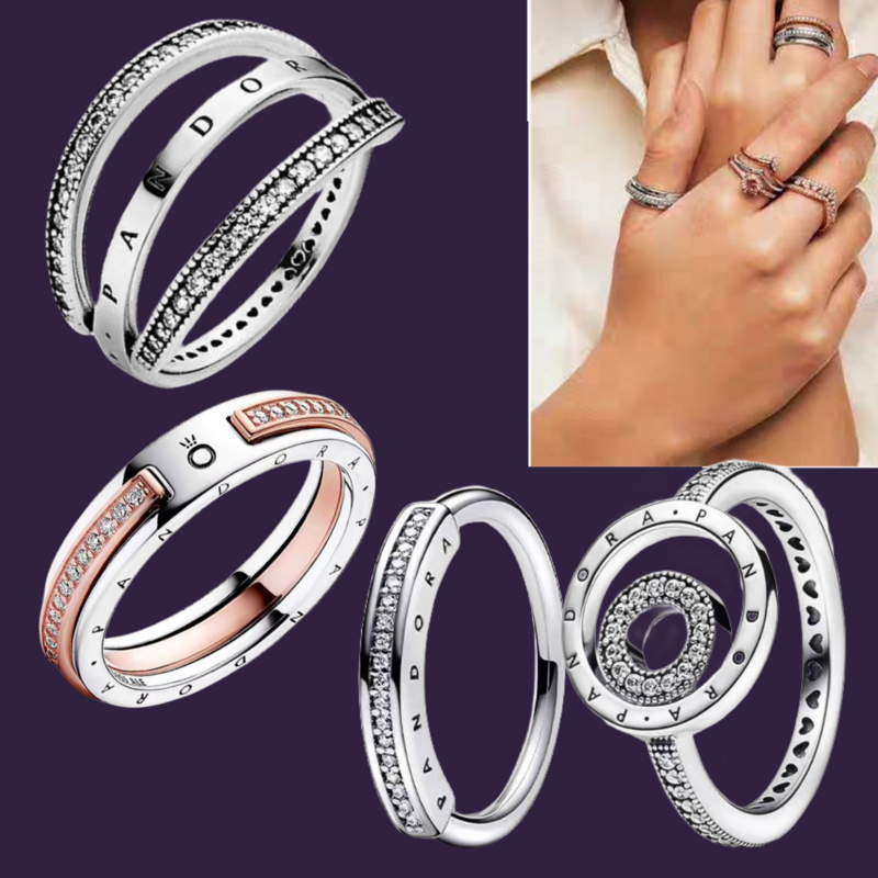 Ensemble de bijoux brillants en argent regardé 925 pour femmes, bague classique, convient au logo original Pandora, breloque bricolage, luxe, nouveau