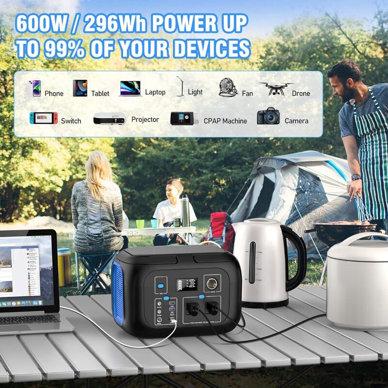 Portable Power Station 600W Power Bank 296Wh Solar Generator Lithium Battery Portable Generator Fast Charging with LED Light