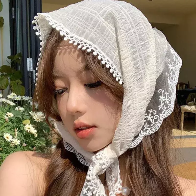 Korean Triangle Headscarf Lace Flower Summer Women Girls Ins Sweet Cute Head Scarf Travel Versatile Hair Scarf Fashion Accessory