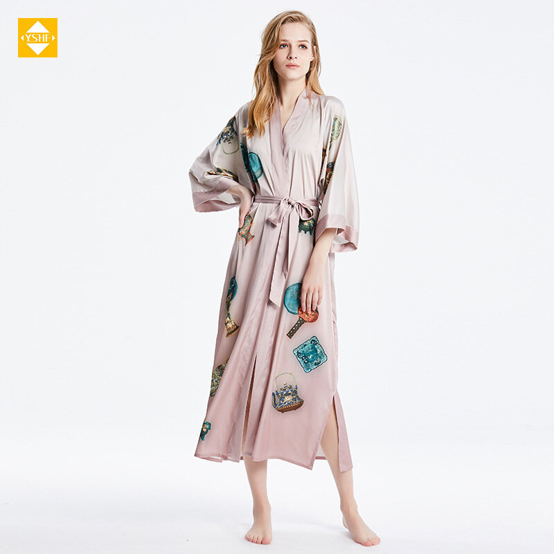 Pijama de seda satinada para mujer, bata de baño holgada de talla grande, ropa de casa estampada de seda de morera, camisón de estilo chino, 100%