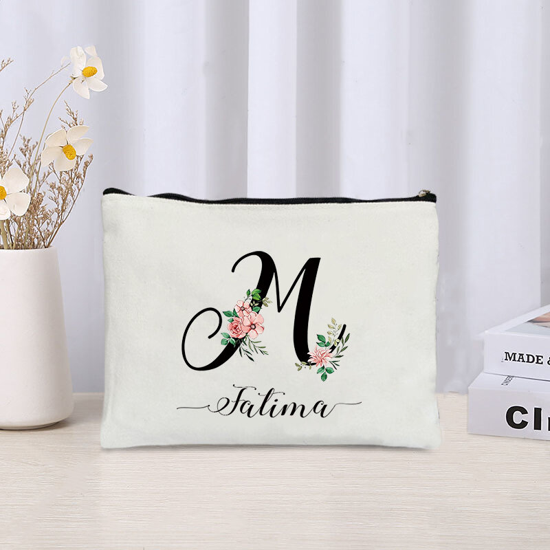 Bolsa de cosméticos con inicial de flores, bolsa de maquillaje Floral con nombre personalizado, almacenamiento de brochas de maquillaje, bolsa de viaje, regalos de moda para niñas