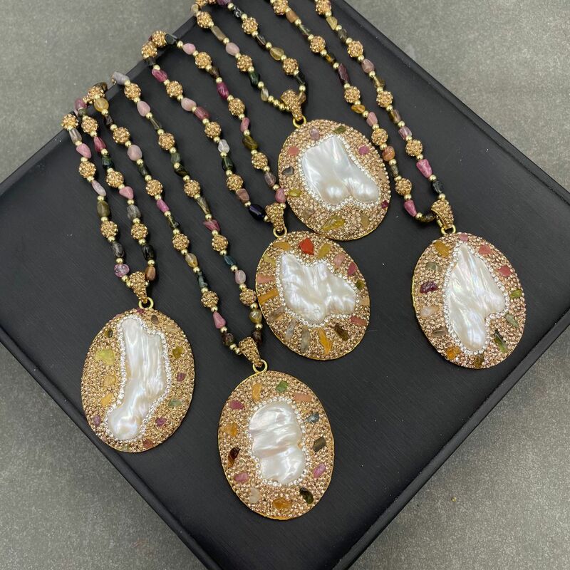 MVN060 Лидер продаж, ожерелье с инкрустированным жемчугом турмалином особой формы, высококачественное украшение из драгоценных камней, винтажная цепочка для свитера