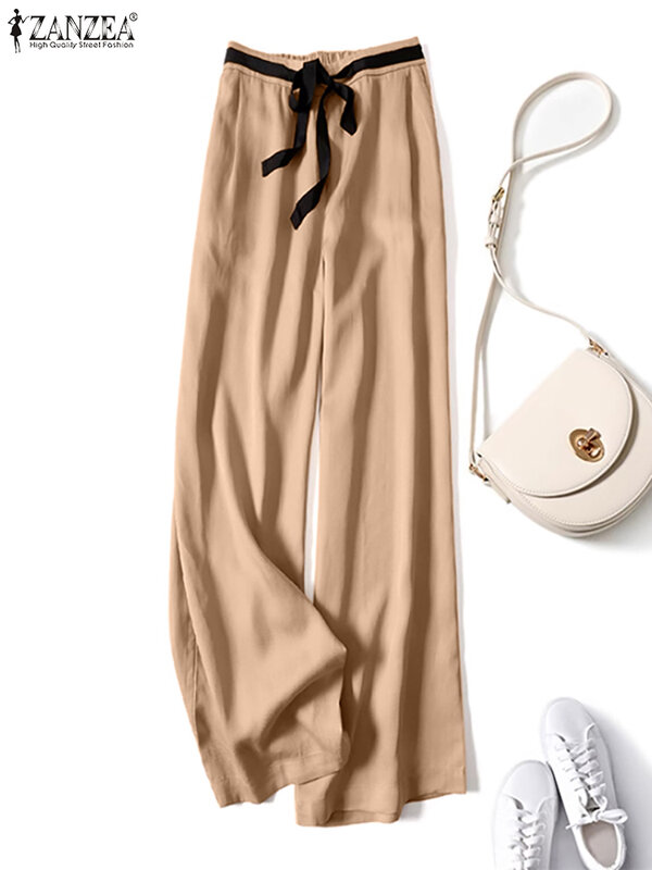 ZANZEA-pantalones capri de cintura alta para mujer, pantalón largo holgado, informal, elegante, de Color liso, para verano, 2024