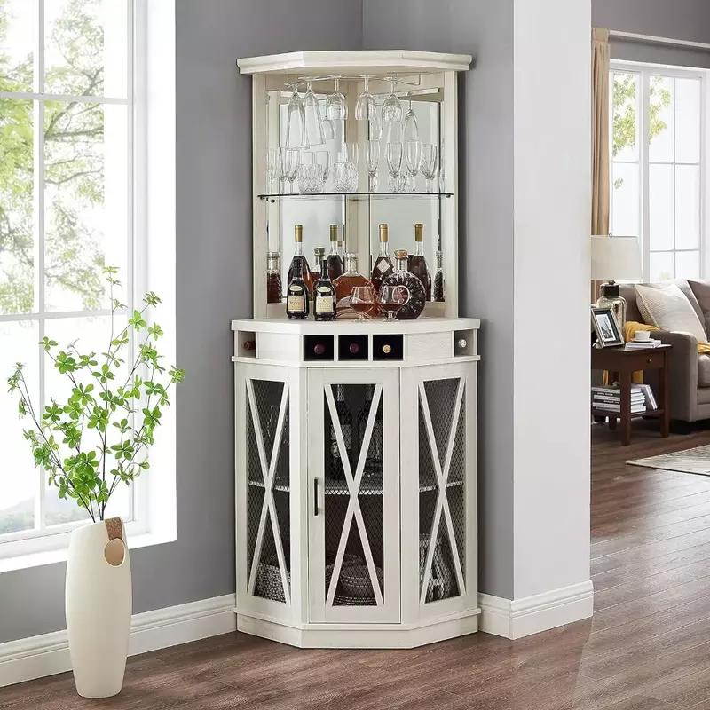 Unidad de barra de esquina gris de lavado de 73 "con estante de vino incorporado y puerta de aspecto de granero de malla. Vitrinas y armarios