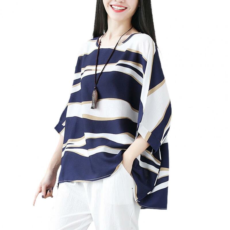 Women Summer T-shirt O-neck 3/4 Sleeve Loose Fit Pullover Tops Irregular Hem Striped Print Tee Shirt Streetwear