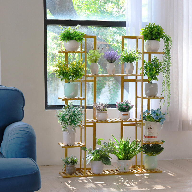 Soporte de plantas de bambú Extra Grande para plantas de interior, organizador de 9 niveles para sala de estar
