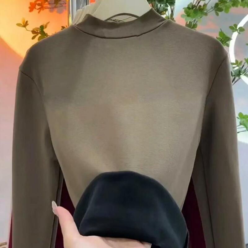 Effen Kleur Top Gezellig Winter Pluche Pullover Zachte Stretchy Lange Mouw Top Slim Fit Half Hoge Kraag Blouse Voor Koude