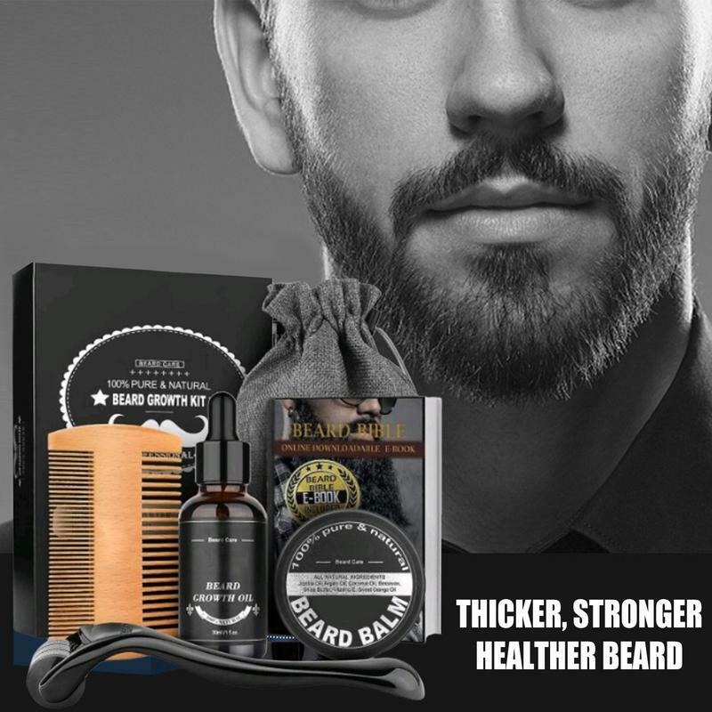 5pcs Beard Growth Kit Men Barbe Hair Enhancerbeard Essentiall Oil Beard care Leave-in Conditioner,Double Sided Comb Beard Cream