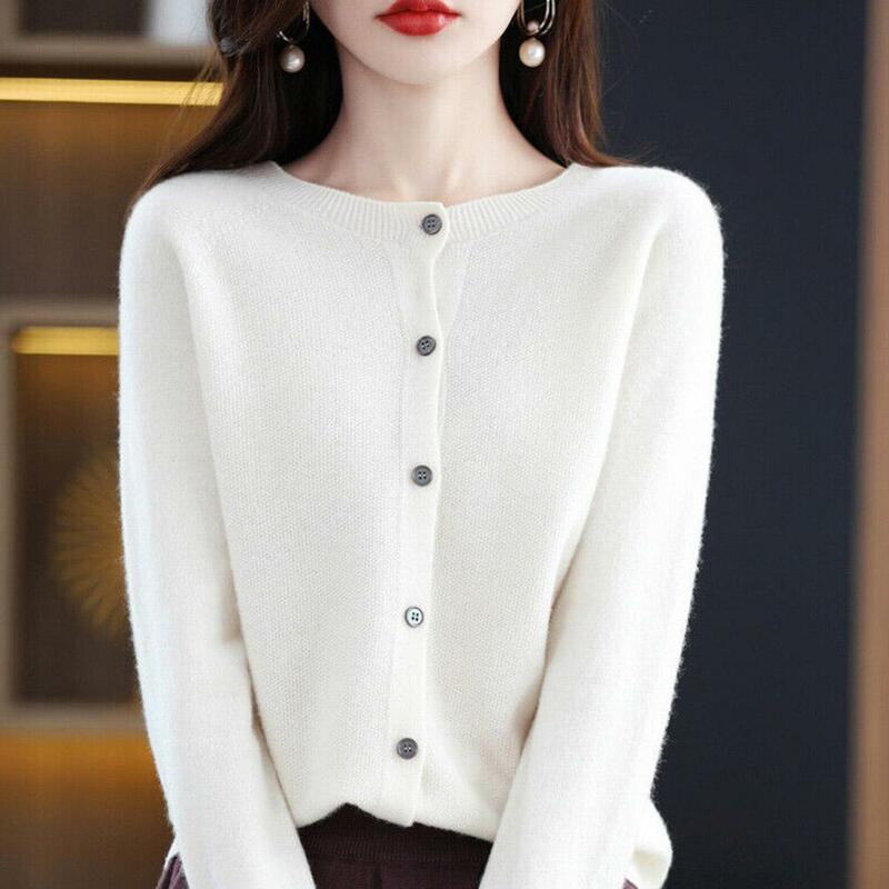 New Fashion Autumn Winter Lapel Pure Wool Cardigan O-neck Cardigan Cashmere Sweater Grace Knitwear Korean Tops