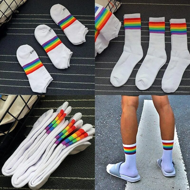 Design original os jovens hiphop arco-íris gay lgbt arco-íris homem listra rua meia alta meninas algodão menino meias dança fashi c6q1
