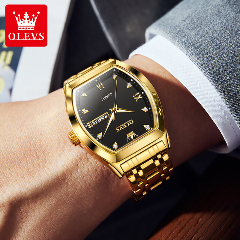 OLEVS-Homens de luxo ouro Tonneau Dial Quartz Watch, aço inoxidável, relógios de pulso impermeáveis, marca Top