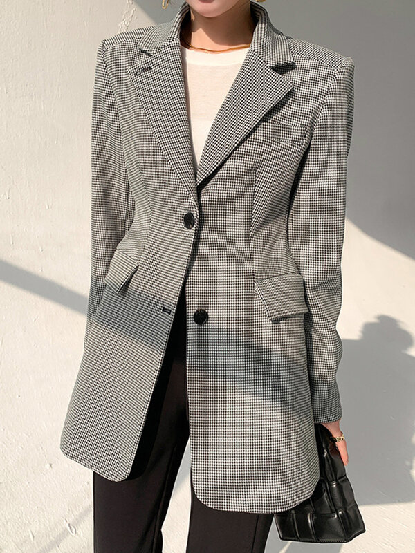 LANMREM-Blazer xadrez feminino de escritório, peito único, jaquetas de cintura reunidas, casacos da moda, primavera, novo, 26D8574, 2022