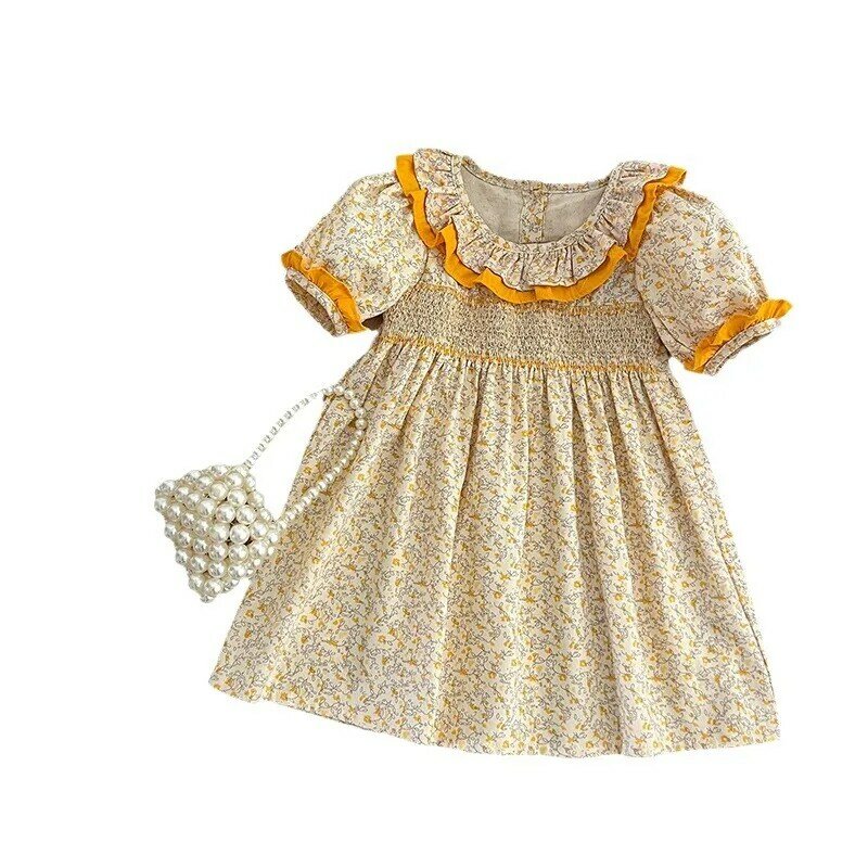 2024 Summer Korean Baby Girls Rompers Cotton Floral Short Sleeve Lace Collar Ruched Infant Girls Bodysuit Toddler Girls Dress