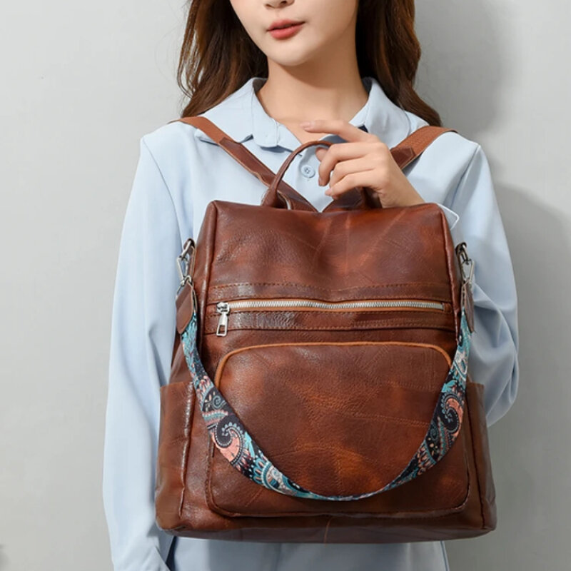 Solid Backpack 2024 Fashion Women's Designer Retro PU Commuter Bag Retro Small Women's Schoolbag Multifunctional Shoulder Bag