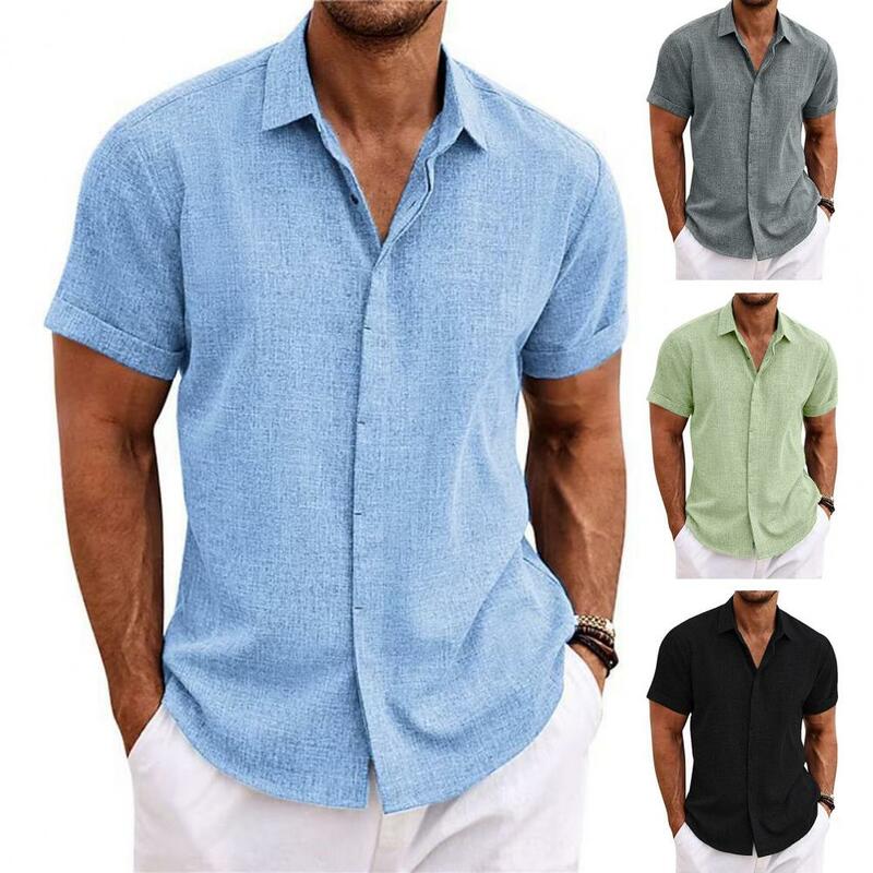Camisa holgada de manga corta para hombre, solapa de botones, Color sólido, ligera, cómoda