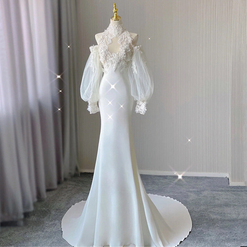 MK1493-Vintage koronkowa sukienka z wysokim satyny typu fishtail