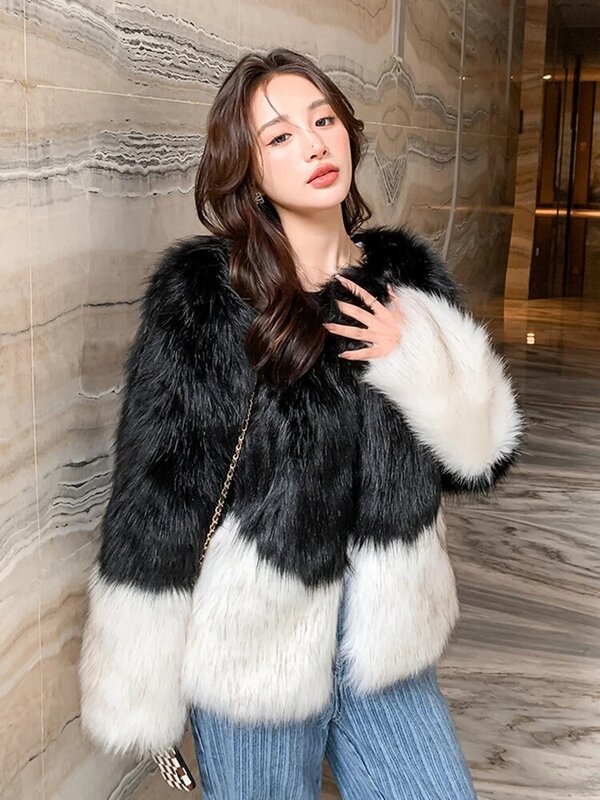 Zoki Elegant Women Faux Fox Fur Coat Winter Fashion Plush Thick Warm Jacket Casual Korean Patchwork Office Lady Casual Outwear