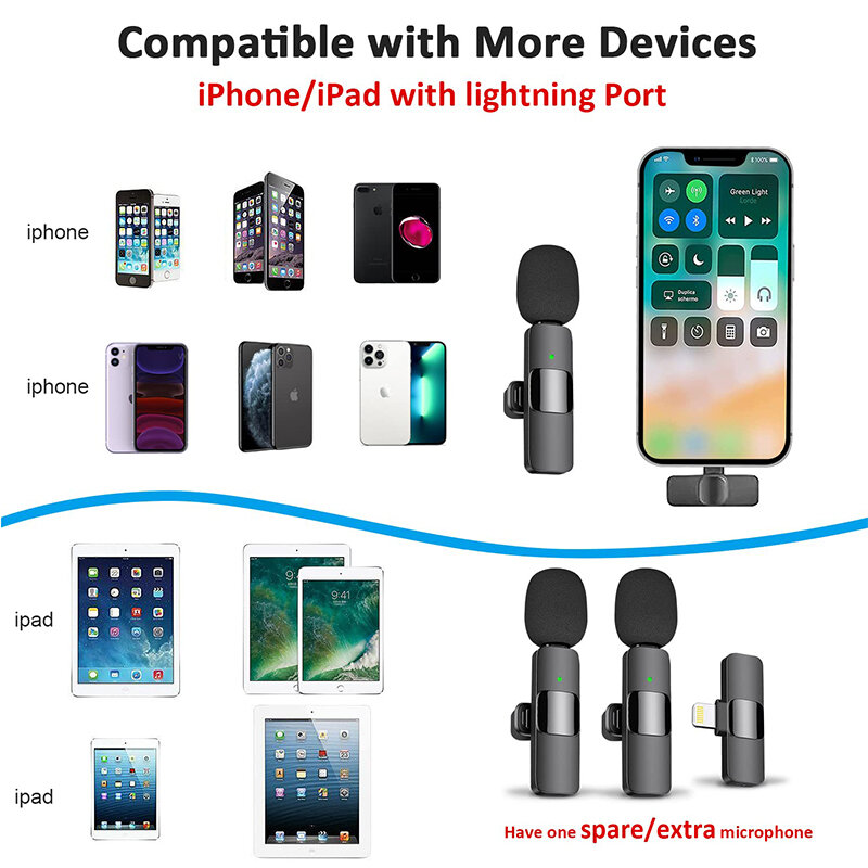 Microfone Lavalier Sem Fio para Gravação de Áudio e Vídeo, Room Mic para iPhone, Android, iPad, Netbook, Lightning, Tipo C, 2.4G