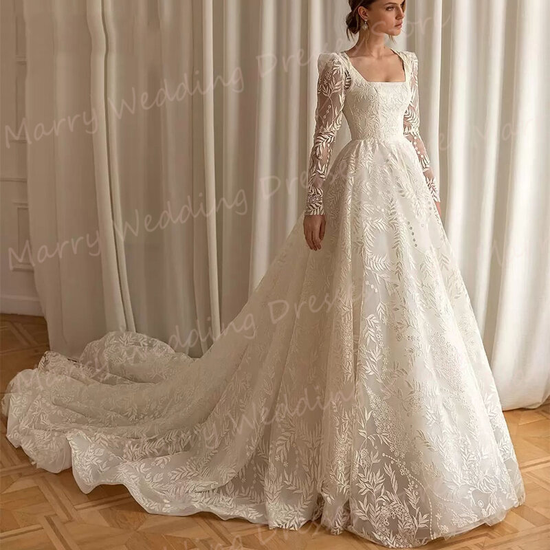 Eleganckie sukienki ślubne z kwadratowym dekoltem o linii bez pleców koronkowe aplikacje suknie panny młodej z nowym długi z odpinanym kapturem rękawem Vestidos De Novia