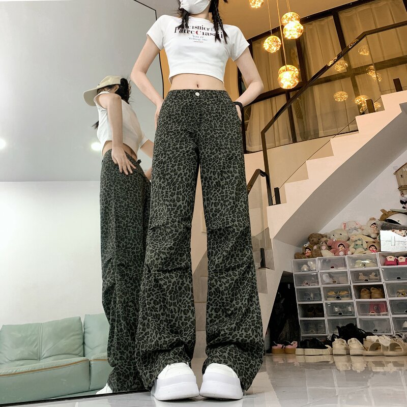 Calças largas de leopardo femininas, calças vintage grandes, streetwear Y2K, calças estéticas de harajuku coreanas, roupas japonesas, estilo anos 2000