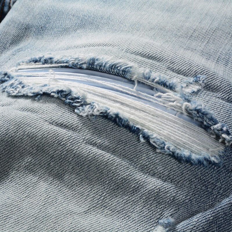 Calça Jeans de couro rasgada azul clara masculina, calça designer de marca Hip Hop, moda de rua alta, retrô, remendada, marca