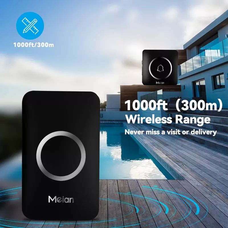 Meian-Outdoor Wireless Doorbell, Smart Home Welcome Doorbell, IP65 Waterproof Door Bell, Chime Kit, 60 Ringtone, LED Flash Alarm