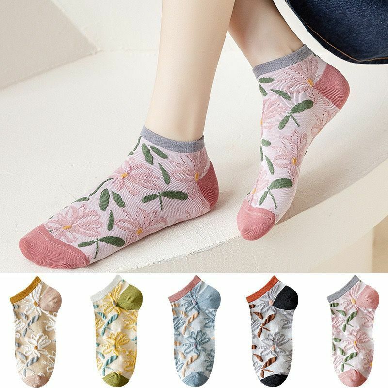 5คู่ถุงเท้าเรือลำลองสวยผู้หญิงผู้หญิงข้อเท้าดอกไม้ผ้าฝ้ายฤดูใบไม้ผลิ/ฤดูร้อนใหม่แฟชั่น Harajuku คุณภาพสูงต่ำ Socken
