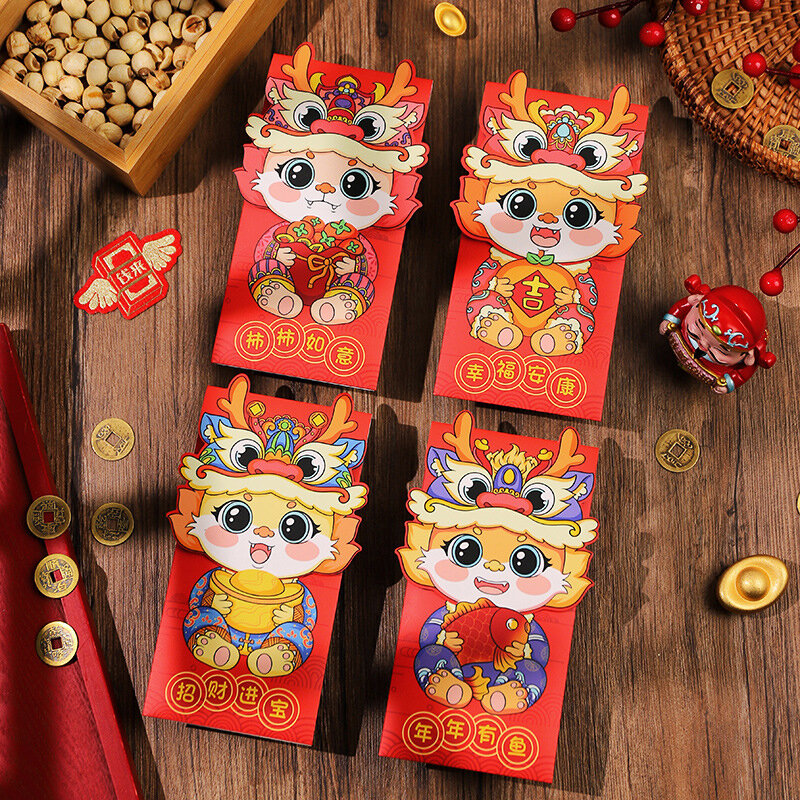 4Pcs 2024 Spring Festival Red Envelopes Chinese New Year of the Dragon Lucky Money Bag Red Packets Children's Gift Supplies