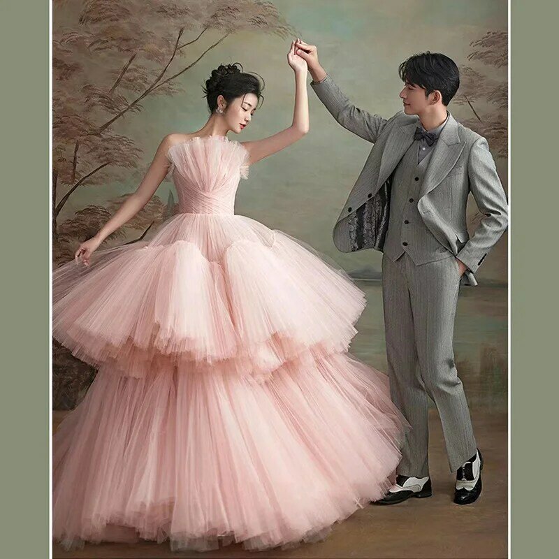 Женское бальное платье без бретелек, розовое платье до пола без рукавов в несколько рядов