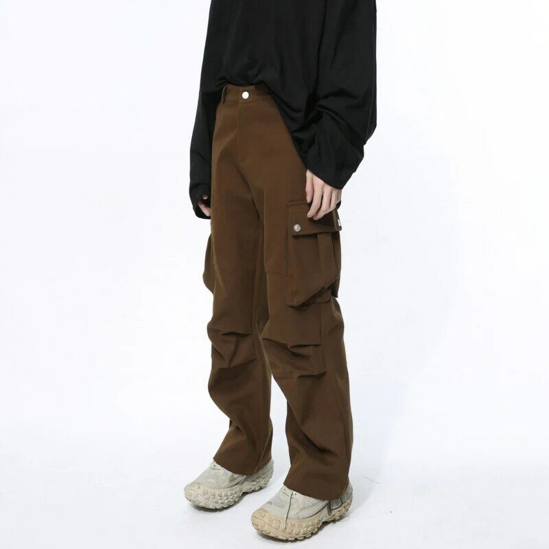 NOYMEI Cord Decorative Design 2024 Spring New Niche Folded Multi Pocket Cargo Pants Solid Color Trousers Trendy WA3761