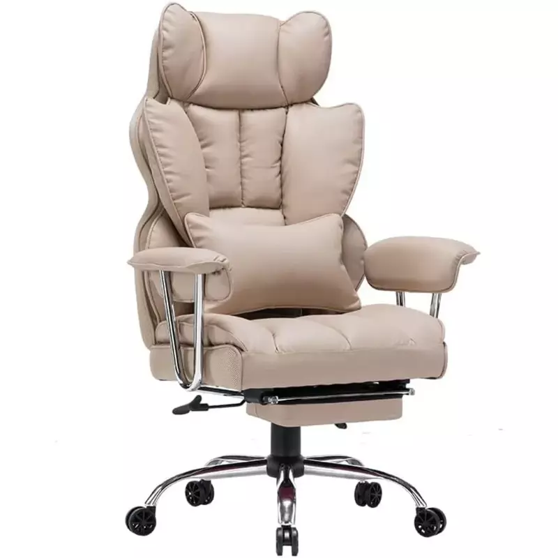 PU 가죽 컴퓨터 의자, 다리 받침대 및 허리 지지대 포함, 다크 베이지 사무실 의자, 400LBS