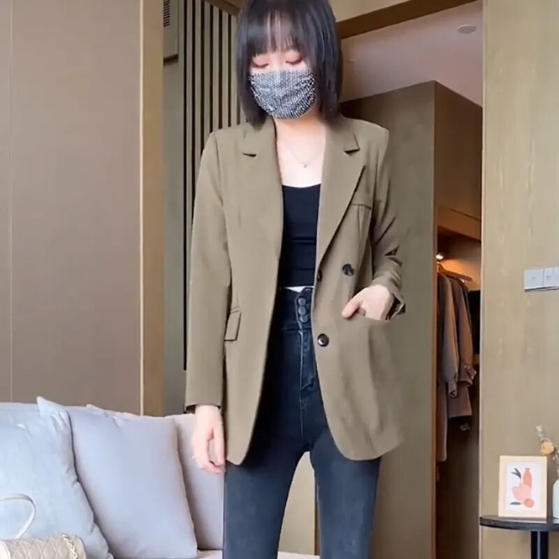 Jaket Blazer Mode Musim Gugur Mantel Lengan Panjang Saku Korea Kasual Wanita Blazer Longgar Solid Wanita Kantor Mantel Setelan Atasan