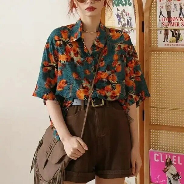 Camisa con estampado de flores para mujer, Camiseta corta Retro de vacaciones, suelta e informal, ropa Vintage Y2K, blusas de verano